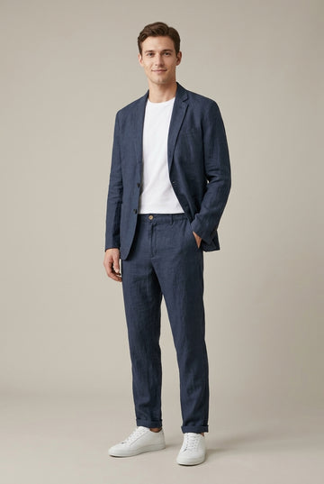 Men's Two-Piece Set - Linen Blend Single-Button Blazer & Elastic Waist Trouser Set
