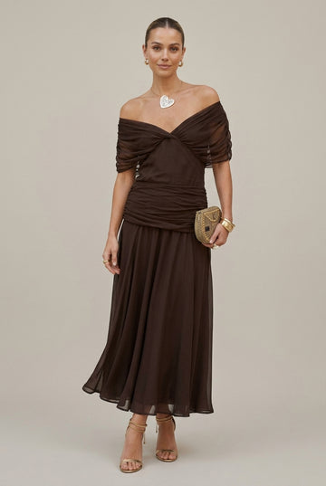 Women's Off the Shoulder Maxi Dress - Cross Wrap V-Neck Draped Bodice