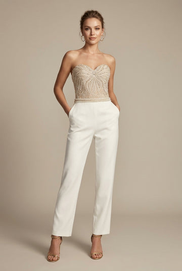 Women's Dressy Jumpsuit - Strapless Sweetheart Neck - Sequin Embellished Bodice - Straight Leg