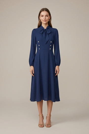 Women's Tie Waist Long Sleeve Midi Dress - A-Line Bow Neckline