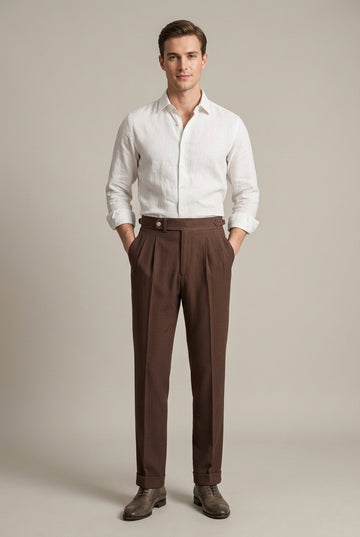 Men's High-Waist Pleated Trousers - Side Buckle Tab