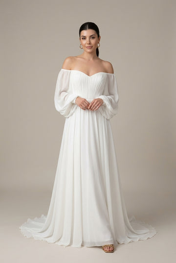 Women's Bridal Maxi Dress - Off Shoulder Puff Sleeve A-Line