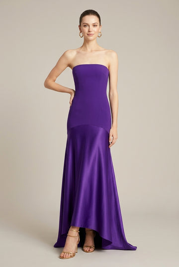 Women's Purple Strapless Drop Waist Satin Maxi Dress - Evening Gown