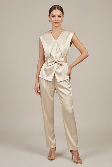 Women's Tailored Sleeveless V-Neck Top with Bow Belt - Matching Trousers Set