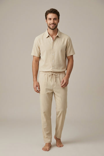 Men's Textured Short Sleeve Shirt - Drawstring Trousers Two Piece Set