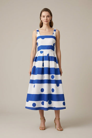 Women's Striped Polka Dot Sleeveless Square Neck Midi Dress