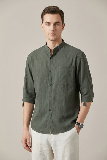 Men's Band Collar Cotton Linen Blend Three-Quarter Sleeve Shirt