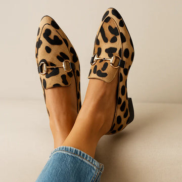 Women's Leopard Print Loafers - Slip On - Gold Buckle Detail