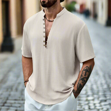 Men's Linen Short Sleeve Henley Shirt - Relaxed Fit