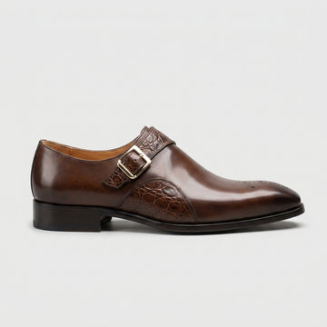 Men's Genuine Leather Brown Monk Strap Dress Shoes - Brogue Detail
