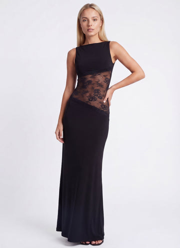 Women's Sleeveless Boat Neck Lace Panel Maxi Dress