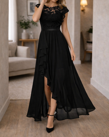 Women's Lace Bodice Sleeveless A-Line Maxi Dress - Ruffle Hem