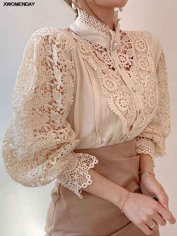 Women's Lace Long Sleeve Button-Front High Neck Blouse